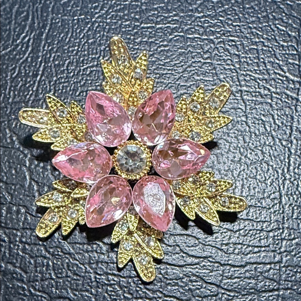 Chic Pink and Gold Leaf Brooch sparkly stones